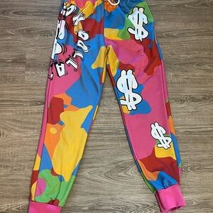 Multicolor Graphic Jogger Pants with Dollar Sign Print